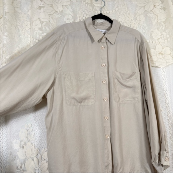 Vintage Silk Button Down Blouse Taupe Cream Minimalist Luxury Size 2X Large - Picture 3 of 9